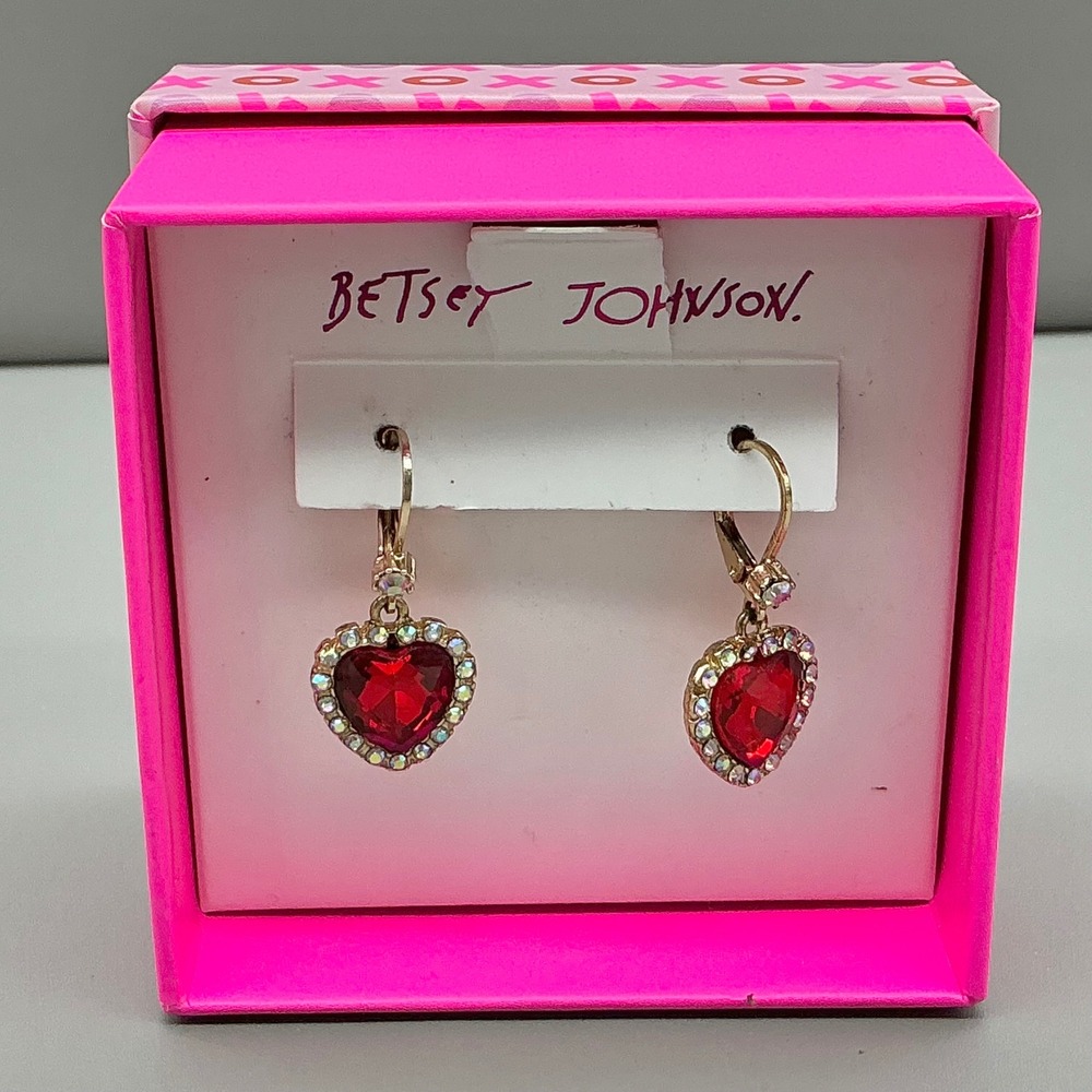 Betsey Johnson Heart Earrings Women Red Crystal Gold Tone Leverback Romantic